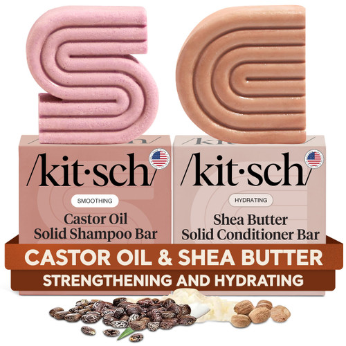 Kitsch Castor Oil Shampoo & Shea Butter Conditioner Bar – Shampoo and Conditioner Set - Hydrating & Moisturizing Bar Soap - Free of Paraben, Silicone, Sulfate - Made in USA - 2pc Set