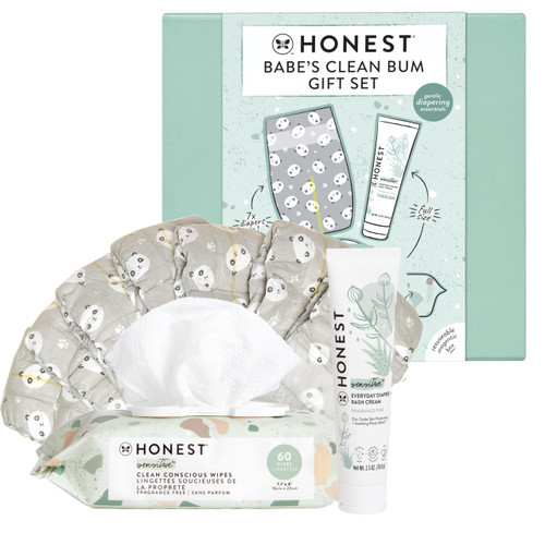 The Honest Company Babe's Clean Bum Gift Set, Diapering and Newborn Essentials 99% Water Wipes 60 ct Diaper Rash Cream 2.5 oz Conscious Diapers Size 1