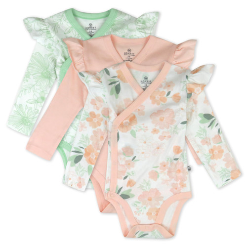 HonestBaby baby-girls 3 Pack Long Sleeve Side Snap Ruffle Shoulder Bodysuit 100% Organic Cotton for Infant Baby and Toddler Girls, Peach Blossom Floral, 3-6 Months