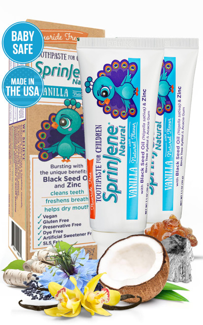 SprinJene Natural Children’s Toothpaste – Fluoride Free Vanilla Toothpaste for Toddlers & Kids – Gentle Safe Natural Formula with Patented Black Seed Oil & Zinc – Made in The USA (2 Pack)