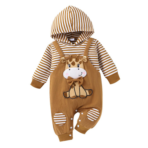 TOKIAGO Baby Boy Clothes 0-3 Months Newborn Hoodie Romper Fall Winter Long Sleeve Striped One-Piece Outfit Infant Cute Cartoon Clothing Set Deer Yellow 0-3 Months