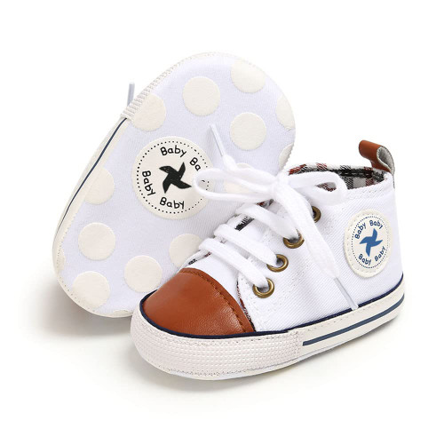 Newborn Baby Girls Boys Canvas Shoes Infant Soft Sole Slip On First Walkers Sneaker Toddler Flat Lazy Loafers High Top Crib Moccasins Shoe (A/White_Brown,0-6 Months)