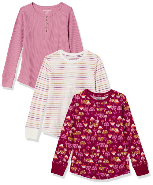 Amazon Essentials Girls' Long-Sleeve Knit Thermal T-Shirt, Pack of 3, Burgundy Mushroom/Pink/White Stripe, Large