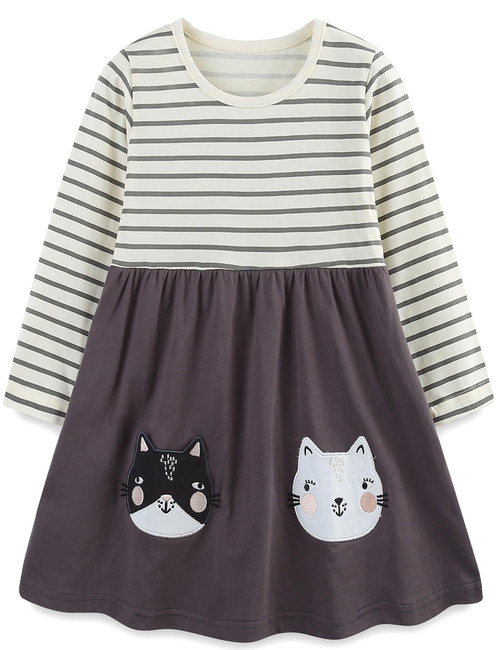 Bumeex Toddler Girl's Long Sleeve Dresses Fall Winter Spring Cotton Cute Dress Outfit Casual Clothes Tunic Clothing White/Gray Striped Cat 4t