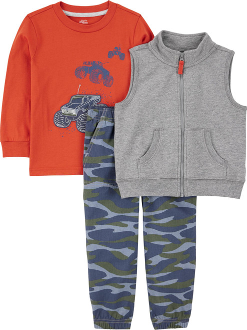 Simple Joys by Carter's Baby Boys' 3-Piece Playwear Set, Grey Heather/Navy Camo/Orange Trucks, 2T