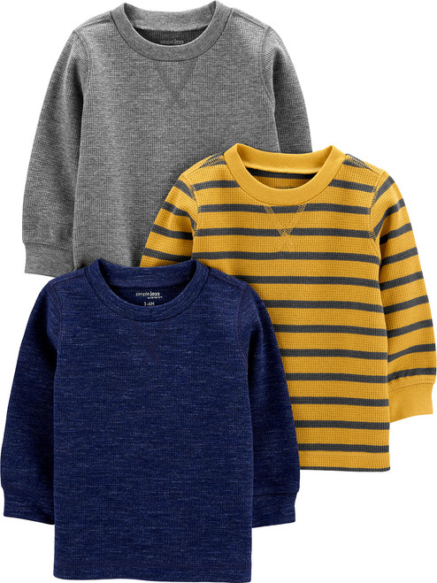 Simple Joys by Carter's Boys' 3-Pack Thermal Long Sleeve Shirts, Grey/Navy Heather/Yellow Stripe, 2T
