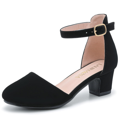 LAURMOSA Black Dress Shoes for Girls Chunky Block Heels for Little Big Kids Princess Flower Girl Shoes for Wedding Party Closed Round Toe Pumps with Ankle Strap(L1012 Black 3)