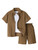 RoseSeek Boy's 2 Piece Beach Vacation Textured Outfit Short Sleeve Button Down Shirt Top and Shorts Summer Set Brown 10Y