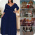 Nmoder Plus Size Maxi Dress for Women - Floral Print 3/4 Sleeve Casual Dresses Navy Blue 5XL