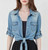 Simier Fariry Women Summer Tie Front Denim Shirt Tops Spring Fall Short Sleeve Button Crop Jean Outfits Light Blue XL