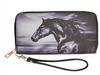Black zip-around wallet featuring running horse artwork with wrist strap