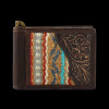 Ariat brown leather money clip wallet with tooled floral design and woven rug inlay
