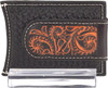 Ariat leather card case with cross floral filigree tooling in black and brown featuring a built-in money clip.