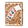 3D men’s trifold leather wallet with hand-painted ace cards and tooled natural leather design.