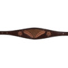 Showman raven hide wither strap with tooled leather feather and floral design.