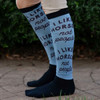 Dapplebay Slick Boot Socks I Like Horses pattern tall equestrian riding socks with black foot and blue upper