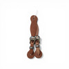 Berlin Custom Leather ladies western spur straps in brown leather with floral conchos and adjustable buckles hanging against white background