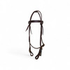 Dark brown oiled leather western horse headstall with brass hardware and adjustable straps