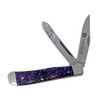 Twisted X Purple Fireworks Two Blade Folding Pocket Knife with stainless steel clip point and pen blades and purple patterned handle scales.