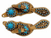 Showman Youth basket weave tooled spur straps with turquoise beading and turquoise concho SS-27 Showman Youth basket weave tooled spur straps with turquoise beading and turquoise concho SS-27