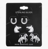 Sterling silver horse stud earrings set with multiple equestrian designs on display card