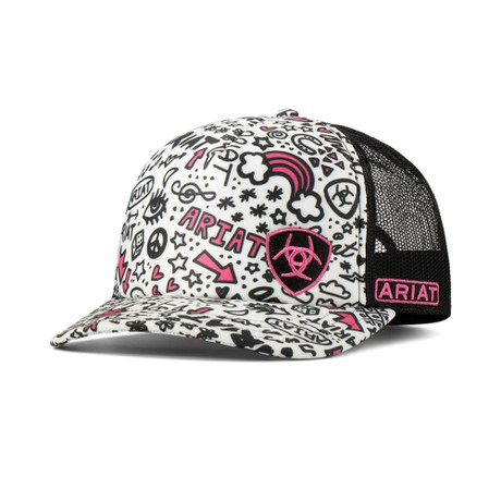 Ariat ladies white doodle print snapback cap with black mesh back and pink logo detail.