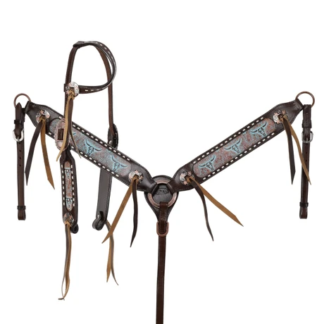 Showman Weathered Steer One Ear Headstall & Breast Collar Set Western Tack 14979