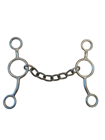 Jerry Beagley Braiding Company MITA Short Shank Gag Bit with 5-inch chain mouthpiece made of polished stainless steel – professional Western training and performance bit by Saddle Up Colorado SKU: 73444 Jerry Beagley Braiding Company MITA Short Shank Gag Bit with 5-inch chain mouthpiece made of polished stainless steel – professional Western training and performance bit by Saddle Up Colorado SKU: 73444