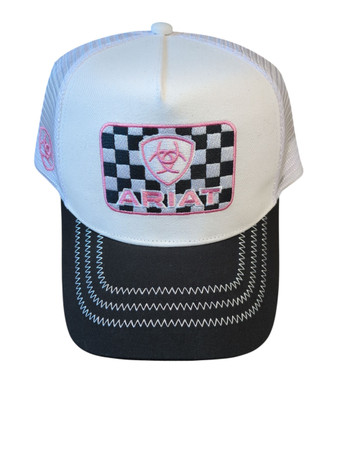 Ariat ladies white snapback cap with black bill and checker patch logo detail in pink.