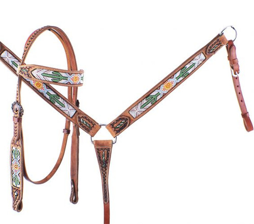 Showman Cactus Navajo Print Beaded Inlay Browband Headstall and Breast Collar Western Tack Set 7071 Showman Cactus Navajo Print Beaded Inlay Browband Headstall and Breast Collar Western Tack Set 7071