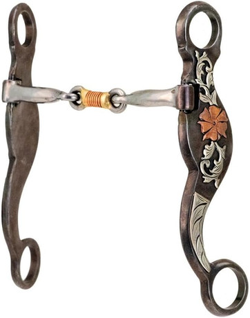 Partrade Desert Rose dog bone shank bit 5 1/8 inch with engraved shanks and copper inlay Western curb bit.