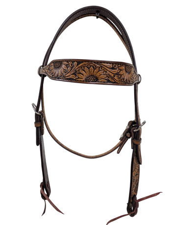 Scott Thomas Western Browband Headstall HBB750 in vintage‑finish leather with sunflower tooling — front view Scott Thomas Western Browband Headstall HBB750 in vintage‑finish leather with sunflower tooling — front view