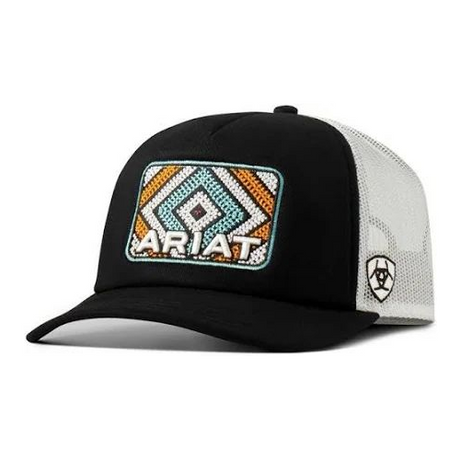 Ariat ladies black cap with multicolor embroidered rectangle patch and white mesh snapback. SKU A300091001