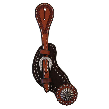 Buffalo leather hot oil western spur strap with antique concho in adult size
