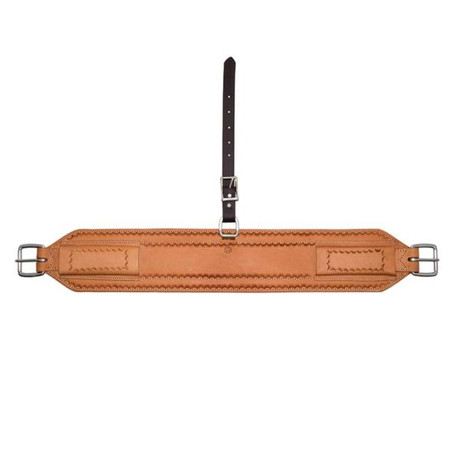 Partrade golden leather flank cinch with adjustable center strap designed for western roping and ranch riding