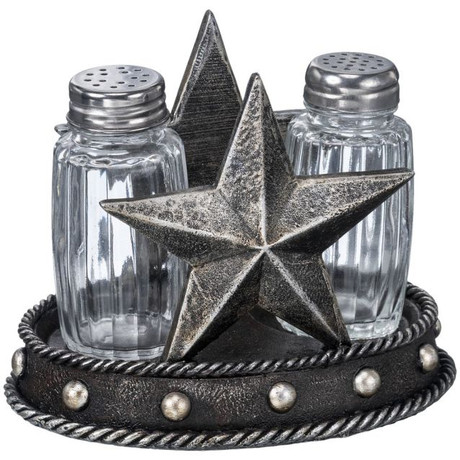 Tough-1 western star salt and pepper shaker set with rustic holder and glass shakers