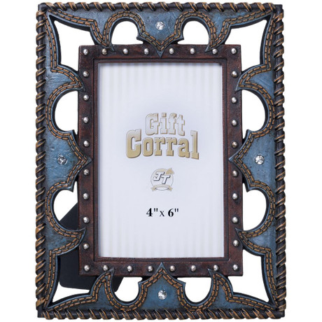 Tough-1 blue leather and stones 4x6 western rustic picture frame with stitched and studded details