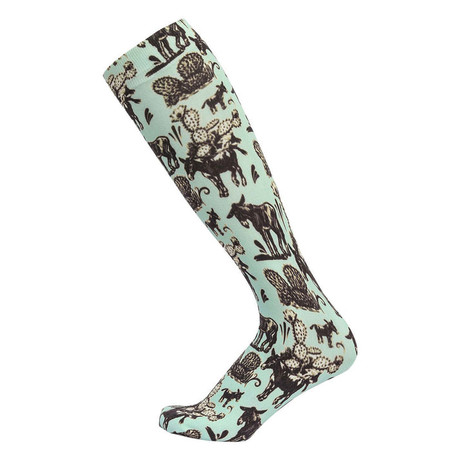 AWST Int’l cactus donkeys knee high equestrian riding socks on mint green background