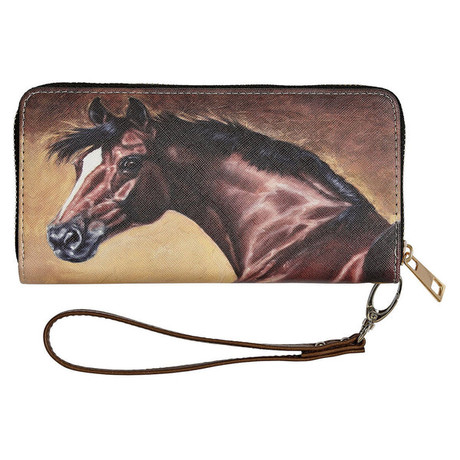 Bay horse head clutch wallet featuring detailed equestrian artwork with zipper closure and wrist strap
