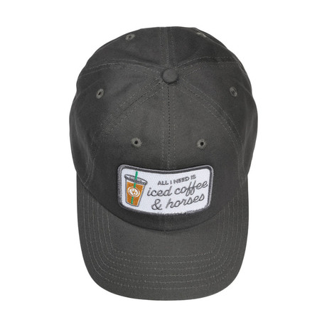 Charcoal barn hat with embroidered “Iced Coffee & Horses” patch and curved brim