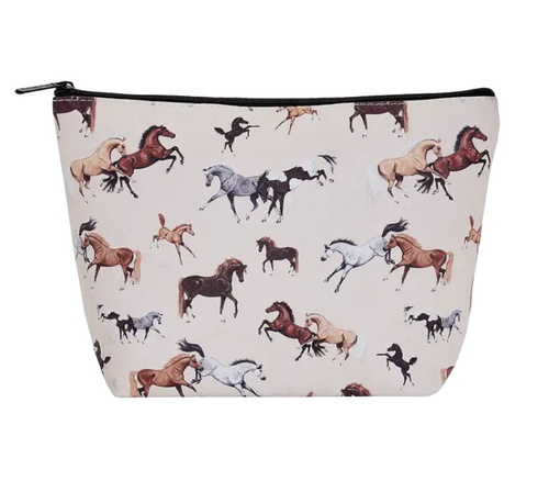 Large cosmetic pouch with all-over running horse print and zipper closure