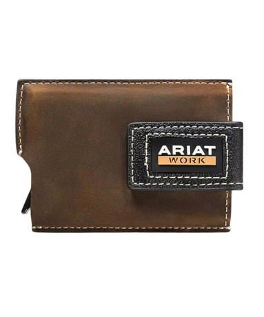 Ariat Work brown leather bifold wallet with magnetic utility clip and logo patch