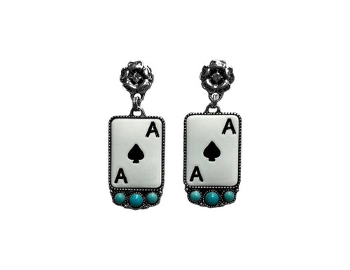 Silver Strike ladies earrings featuring black and white ace card design with turquoise stone accents.