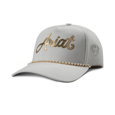 Ariat ladies khaki snapback cap with pearl trim on the brim and metallic embroidered logo.