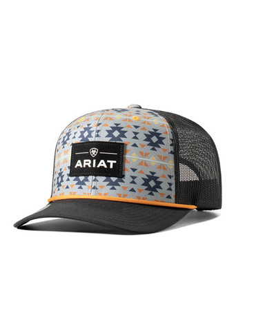 Ariat men’s trucker cap with multicolor Southwest pattern and suede-look logo patch.