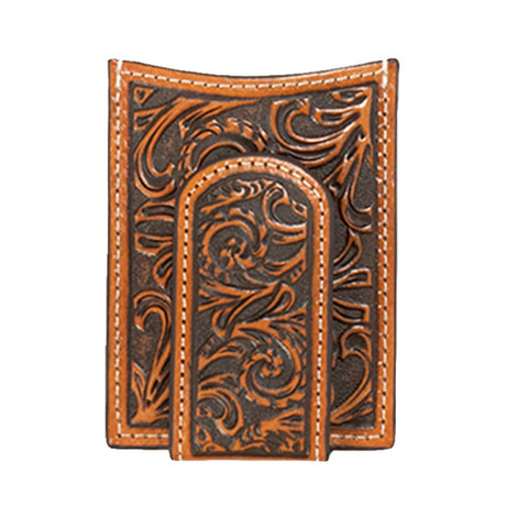 Nocona leather money clip with tan scrolling embossed Western design.