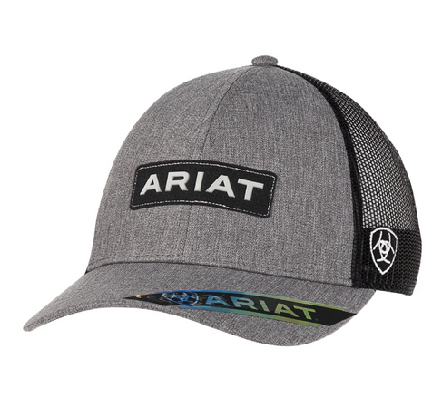 Ariat boys youth grey snap back cap with logo patch and black mesh back.