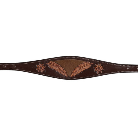Showman raven hide wither strap with tooled leather feather and floral design.