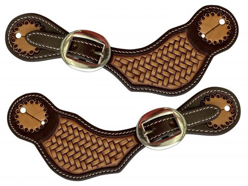 Showman ladies two tone Argentina cow leather spur straps with woven leather center panel.