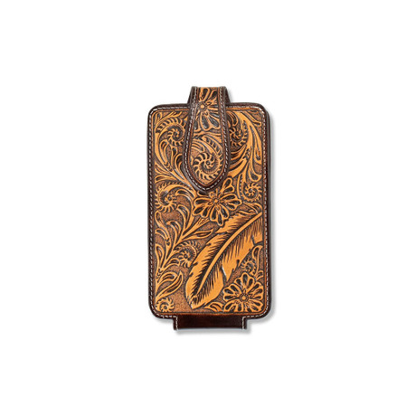 Ariat brown leather cell phone case with floral and feather embossed tooling and belt clip on white background